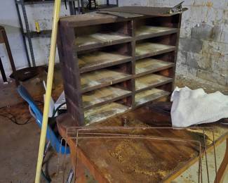 Metal shelves, work table