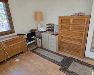 Headboard and tall dresser for bedroom set, file cabinets, lamp, rugs, etc.