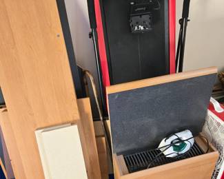 Treadmill and wooden shelves