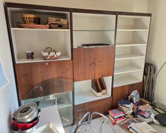 Mid-century modern bookcase, books, kitchen items