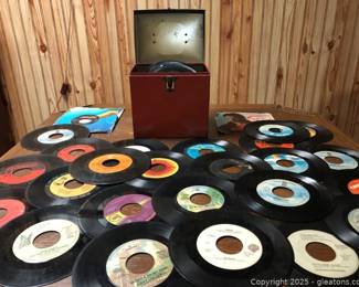 Vintage Tin 45 Record Holder Filled with About 60 45s