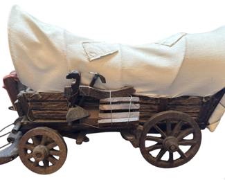 Vintage Wooden Covered Wagon with Tools Handcrafted Wood and Fabric Stagecoach Decor