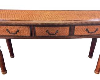 Wooden and Wicker 3 Drawer Console Table