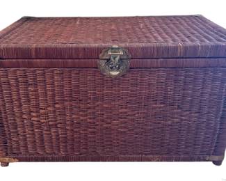 Vintage Wicker Campaign Trunk Mid Century Rattan Engraved Brass Clasp