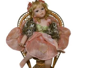 Beautiful Geppeddo 16in Porcelain Doll with Wicker Chair