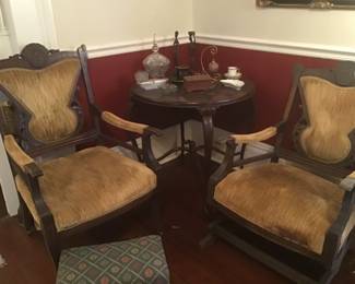 Victorian Parlor set of ArmChair, Rocker, and two side chairs.  Sweet Victorian round Table