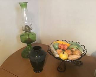 Green kerosene Lamp, marble fruit 