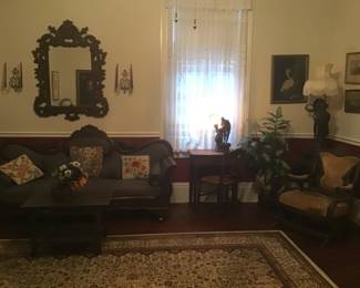 Victorian Parlor Settee with Burled wood,Lamps, rugs