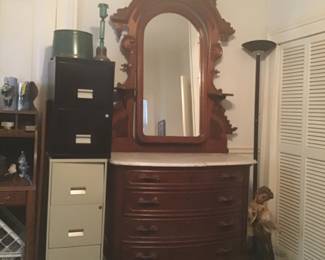 Marble top dresser with broken marble, file cabinets 