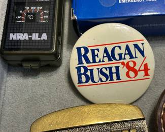 NRA safety device, vintage belt buckle, political buttons