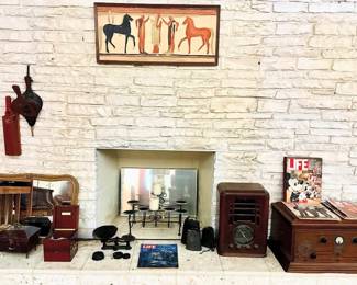 Vintage Black Dial Zenith Art Deco Tombstone radio 1930's (SOLD), Etruscan Art from the tomb of the olympics,Stromberg Carlson 601 tube radio 1920's,Texas estate Mobil Oil Presentation Ship Clock