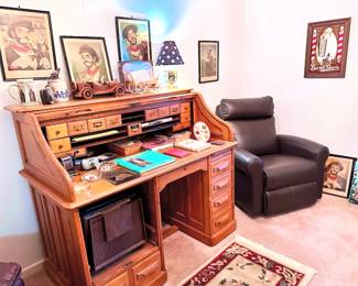 roll top desk, leather recliner