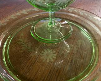 Vintage Green Glass Snack Set, Plate and Sherbet Glass