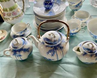 Vintage Blue White Luncheon Set with Teapot Creamer Sugar