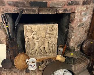 More decor items, copper pot containing reclaimed fabric yarn, and other collectibles.  And in piece de resistance is the stunning , large relief art piece (this piece is heavy and fabulous in person - pictures do not do it justice)