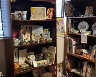 One of many packed shelving units in the "library room" - this image shows many of the children's themed items and collectibles