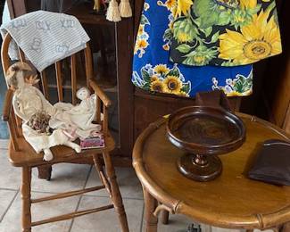 Adorable child's doll highchair and bamboo styled side table and decor