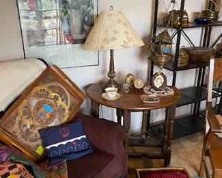 Vintage arm chair, foot stool, quilts, art, decor and more
