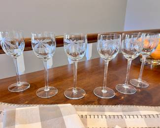 6 Etched wine glasses 