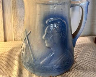 Vtg. UHL Saltglazed Stoneware Lincoln Head Blue & White 8" pitcher 