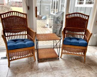 2 of 4 Matching wicker patio chairs - the other 2 chairs have red & white seat cushions
