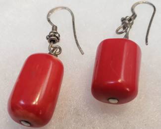 Vintage Sterling & Red Coral Dangle Earrings