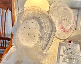 Vtg. Wedding bonnet w/vail and Ladies summer hat 