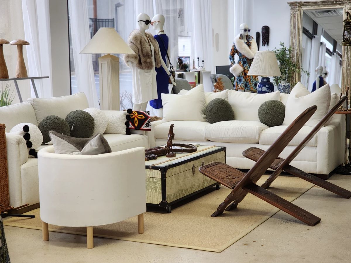 Ralph lauren White sofa, secret wine storage truck coffee table, Cameroon portable chairs, lamps, decorative balls and more