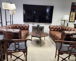 2 English corner chairs, 2 leather chesterfield, tufted sofas, West Elm coffee table, floor lamps and more 