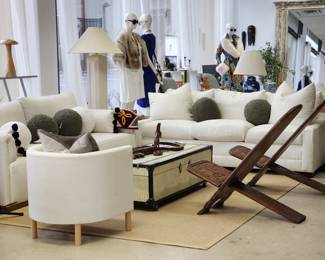 Ralph lauren White sofa, secret wine storage truck coffee table, Cameroon portable chairs, lamps, decorative balls and more