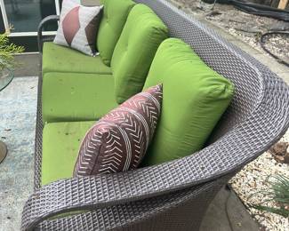 #53 - $200 - All Weather Wicker Couch with green Sunbrella cushions 80"Lx34"Dx35"H as is