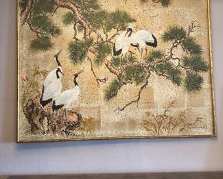#30 - $220 - Painting on Fabric Cranes by Lee Reynold 5'x4" Bamboo style frame