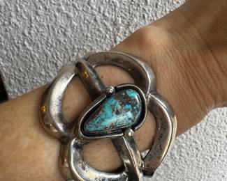 G - $450 - Sterling sand cast Navajo cuff w/Turquoise 104 grms 2.25"