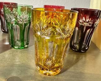 #32 - $78 - Set of 7 Multicolor cut crystal Water Glasses
