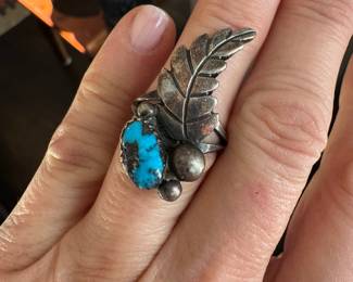 #93 - $50 - Navajo Feather Sterling Turquoise Ring sz 5.5