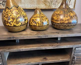 #31 - $220 -Set of 3 Hand painted Gourds with lids 19"x15" signed by Lou Mitchell 1996