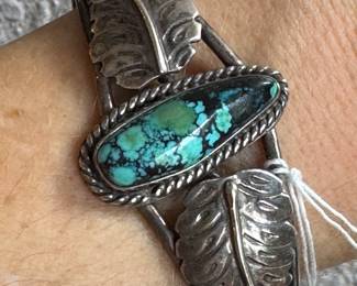 #E - $150 - Navajo Feather Sterling & Turquoise Cuff 2.25" 21.21 grams