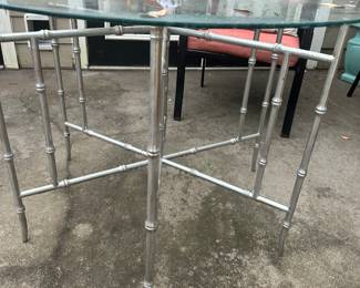 #61 - $150 - Cast iron base bamboo look spray painted silver Round Table 40"R glass top