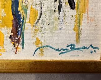#13 - $76 - 1970's signed New Orleans Yellow/Blue Abstract Canvas 19"x22.5"