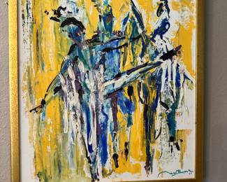 #13 - $76 - 1970's signed New Orleans Yellow/Blue Abstract Canvas 19"x22.5"