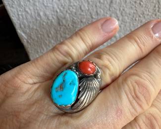#83 - $150 - Sterling Turquoise & Coral Navajo Ring sz 10