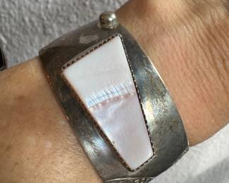 #H - $120 - Sterling Cuff Mother of Pearl 53.89 grms 2.25"