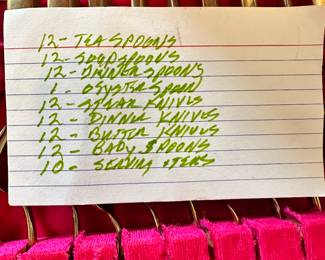 #106 - $150 - Bangkok Thailand Gold color flatware - 12 tea spoons - 12 soup spoons - 12 dinner spoons - 1 oyster spoon - 12 dinner knives - 12 butter knives - 12 - caviar spoons - 12 small knives - 10 serving utensils