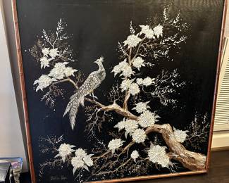 #33 - $100 - 1980's Painting Peacock on Tree 37"sq Stephen Kaye