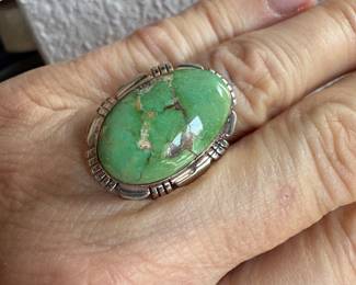 #80 - $80 - Sterling Ring Green Turquoise Oval signed JP - size 9