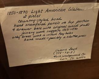 #8 - $800 - Antique 19th cent American walnut Linen Press 82"Hx41Lx18"D (provenance tag)