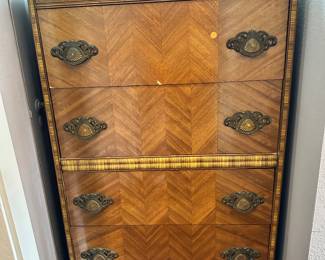 #96 - $180 - 4 - Drawer tiger eye dresser with mirror built in on top 59Hx32Lx19D