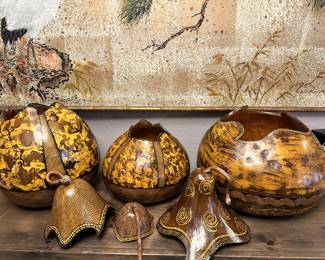 #31 - $220 -Set of 3 Hand painted Gourds with lids 19"x15" signed by Lou Mitchell 1996