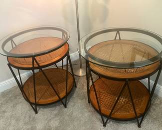 #36 $290 	2 Wrought Iron Rattan and glass table round 26dx28h
