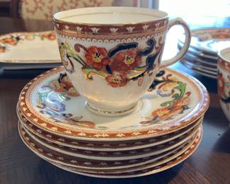 #16B $120 Delphine England dessert set Antique 
	6 cups & saucers / 6 dessert plates
	2 platters 
